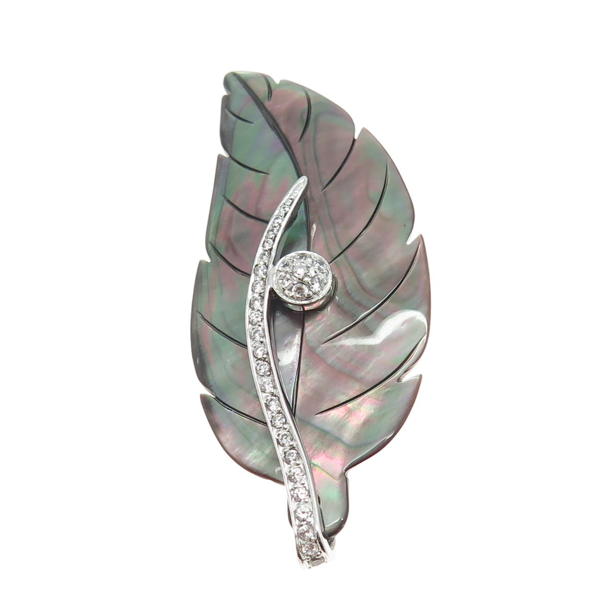 925 Sterling Silver Real Abalone Shell & C Z Leaf Modernist Pin Brooch