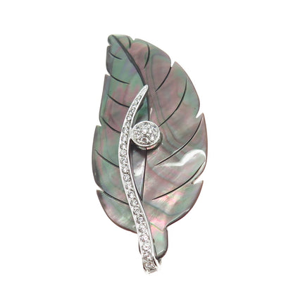 925 Sterling Silver Real Abalone Shell & C Z Leaf Modernist Pin Brooch