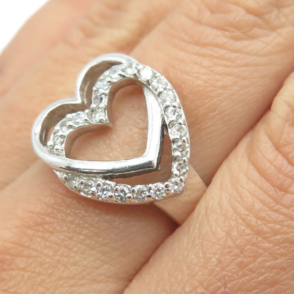 925 Sterling Silver Vintage Pave C Z Couple of Hearts Ring Size 8.25