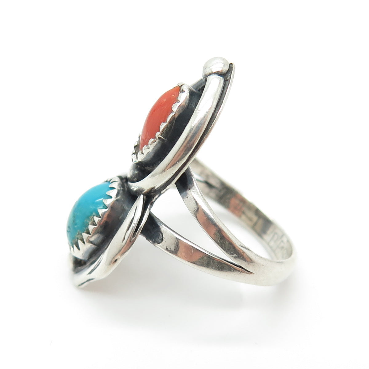 A.L. BECENTI NAVAJO Old Pawn 925 Sterling Silver Turquoise Coral Ring Size 7.25