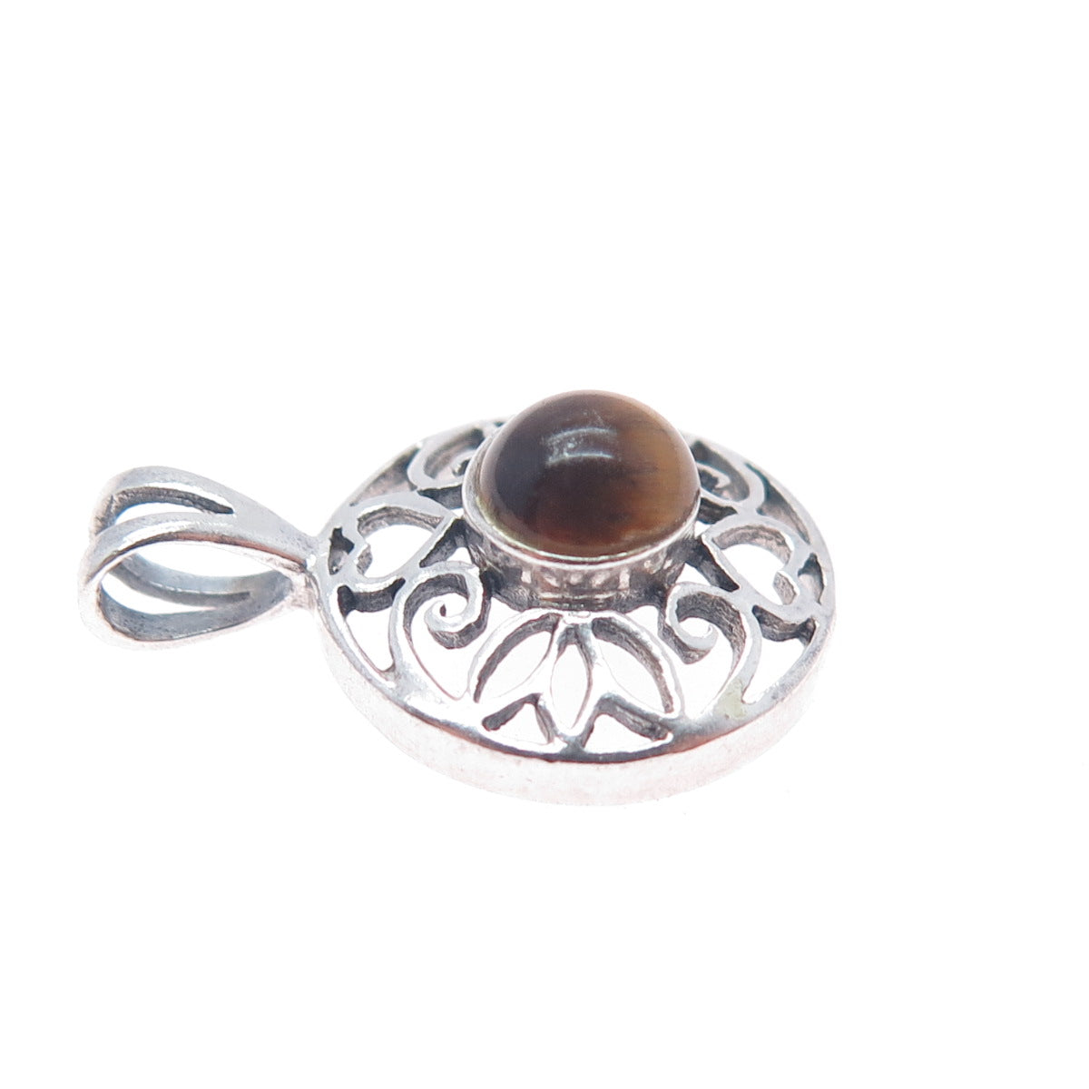 CHARLES WINSTON 925 Sterling Silver Vintage Real Tiger Eye Ornate Charm Pendant