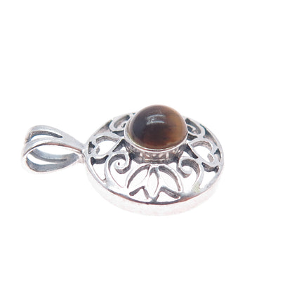 CHARLES WINSTON 925 Sterling Silver Vintage Real Tiger Eye Ornate Charm Pendant