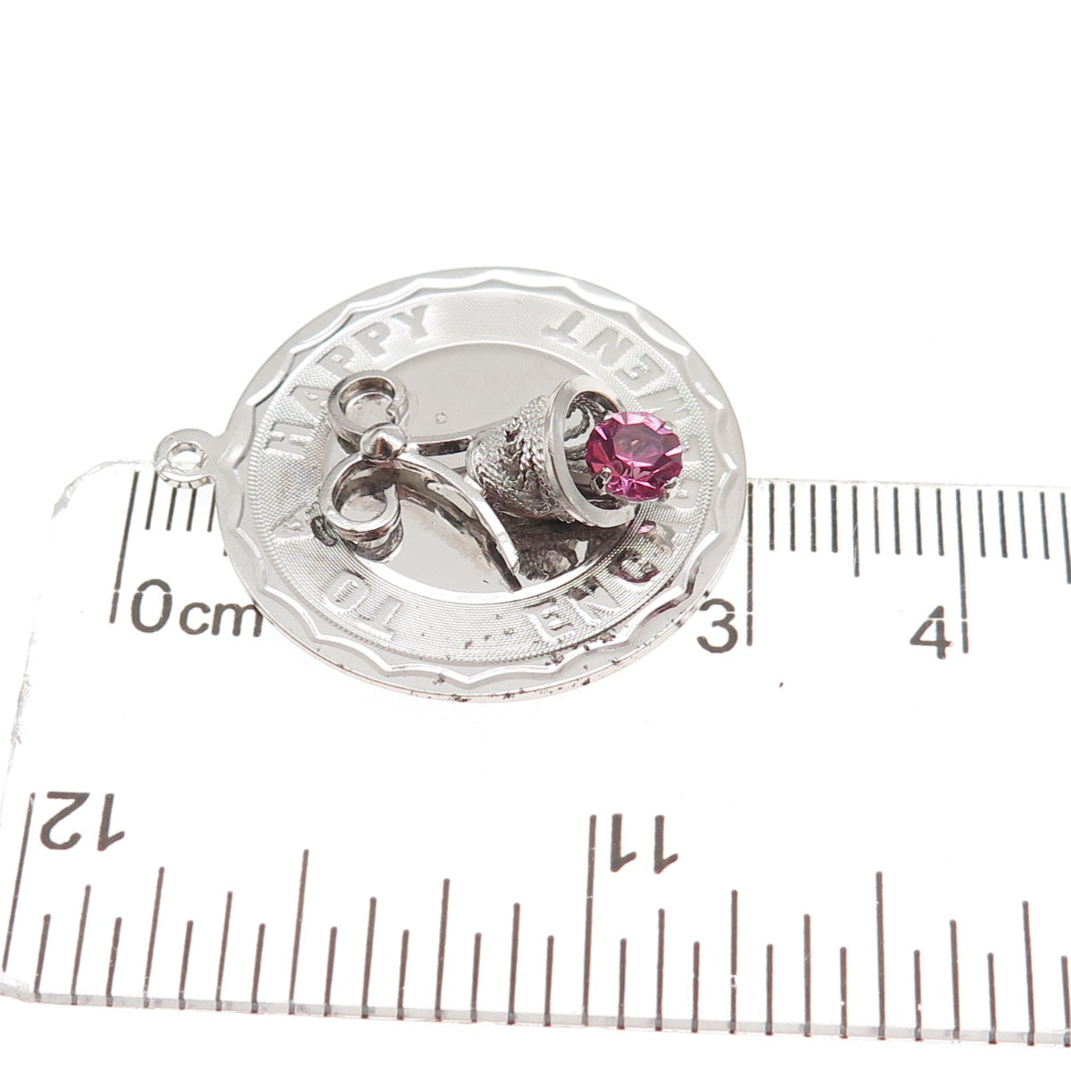925 Sterling Silver Vintage Pink Rhinestone To A Happy Engagement Charm Pendant