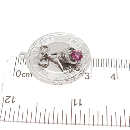 925 Sterling Silver Vintage Pink Rhinestone To A Happy Engagement Charm Pendant