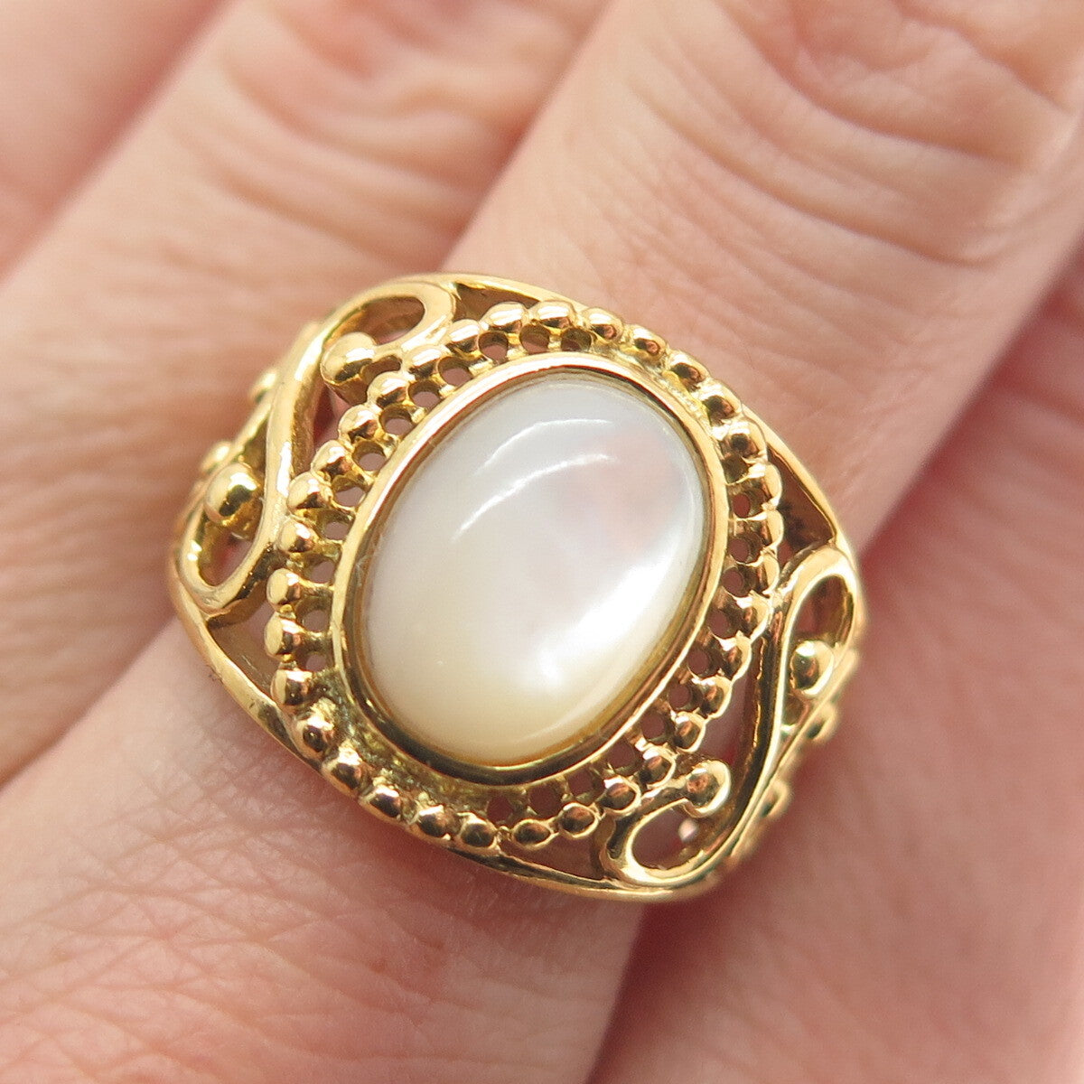 RJ GRAZIANO 925 Sterling Silver Gold Plated Real MOP Ornate Ring Size 7