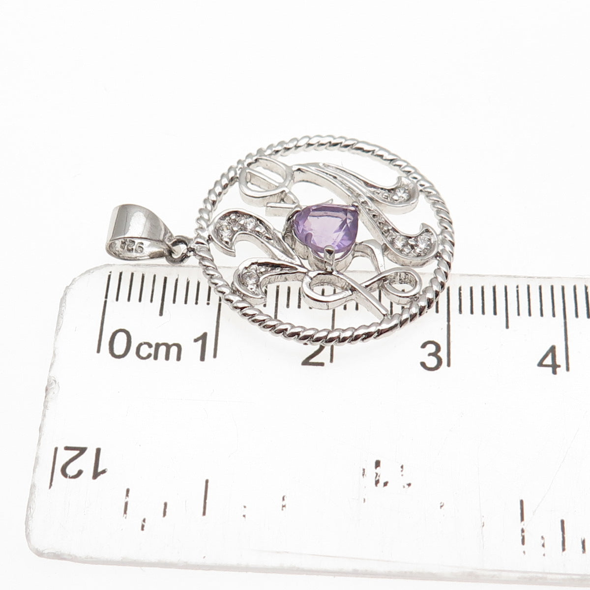925 Sterling Silver Real Heart-Cut Amethyst & Round-Cut C Z Love Charm Pendant