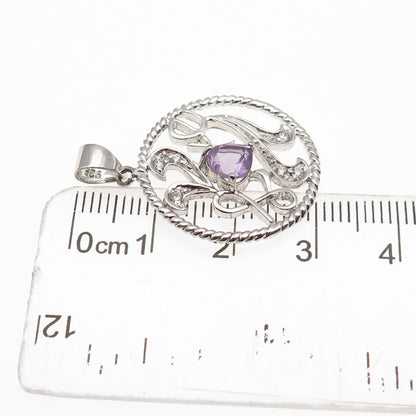 925 Sterling Silver Real Heart-Cut Amethyst & Round-Cut C Z Love Charm Pendant