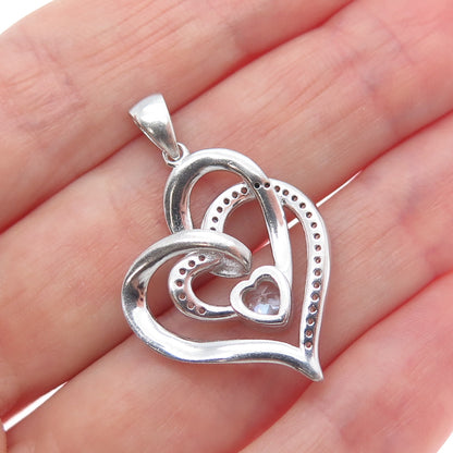 925 Sterling Silver C Z I Love You To The Moon & Back Double Heart Charm Pendant