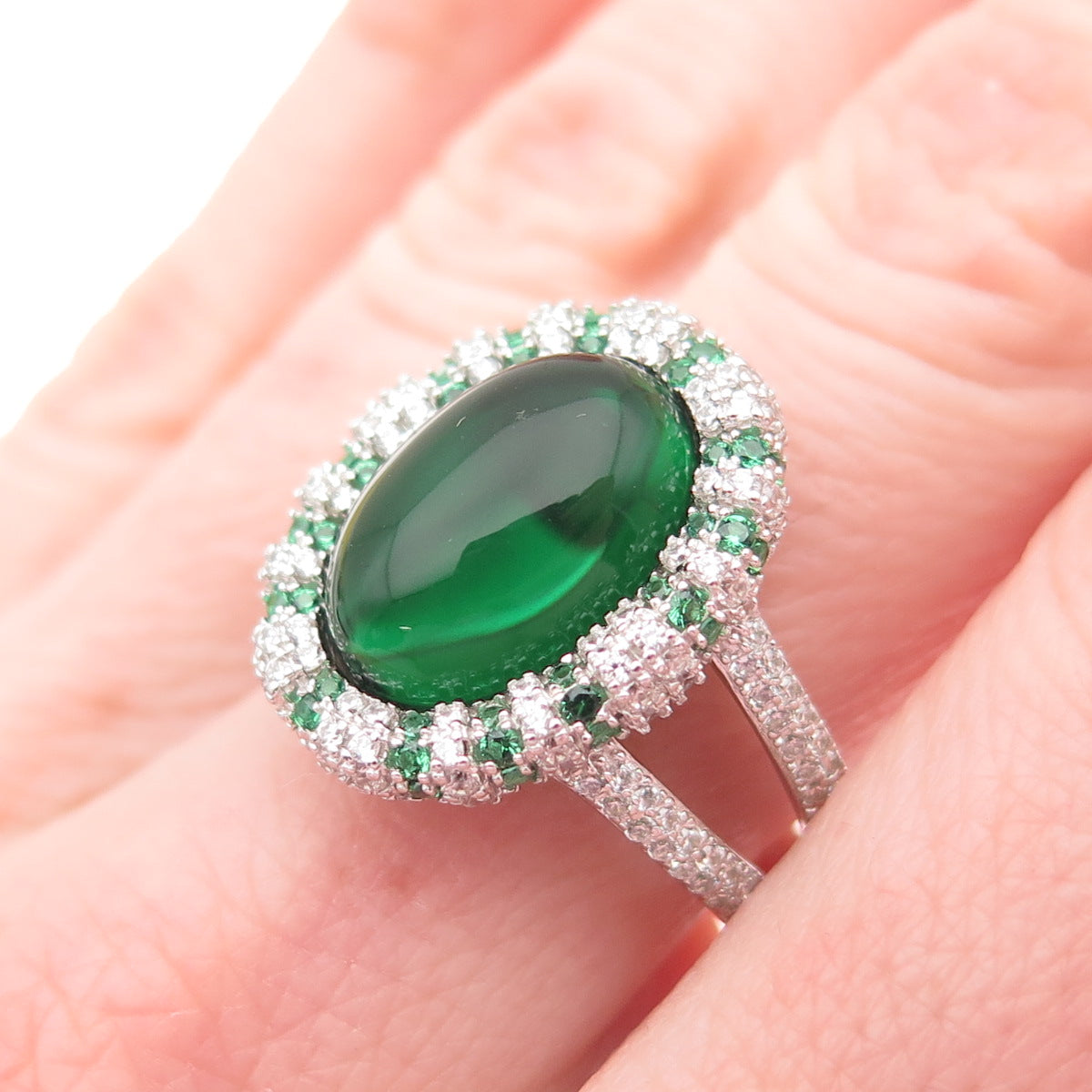 DSMK 925 Sterling Silver Green & White C Z Bohemian Ring Size 7.25