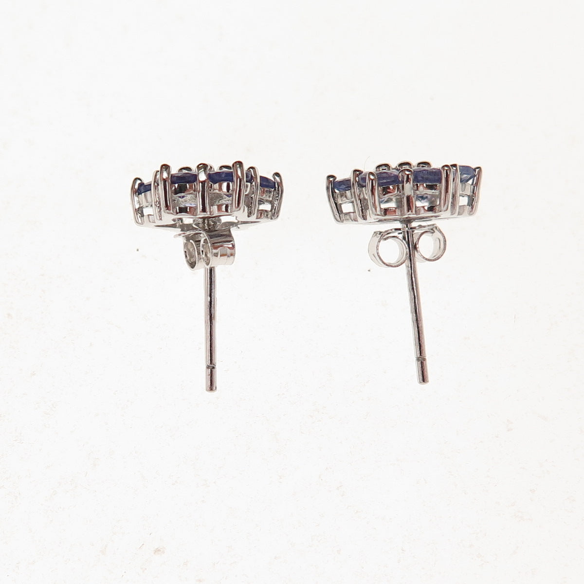 925 Sterling Silver Real Round-Cut Diamond & Tanzanite Floral Stud Earrings