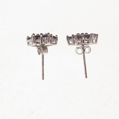 925 Sterling Silver Real Round-Cut Diamond & Tanzanite Floral Stud Earrings