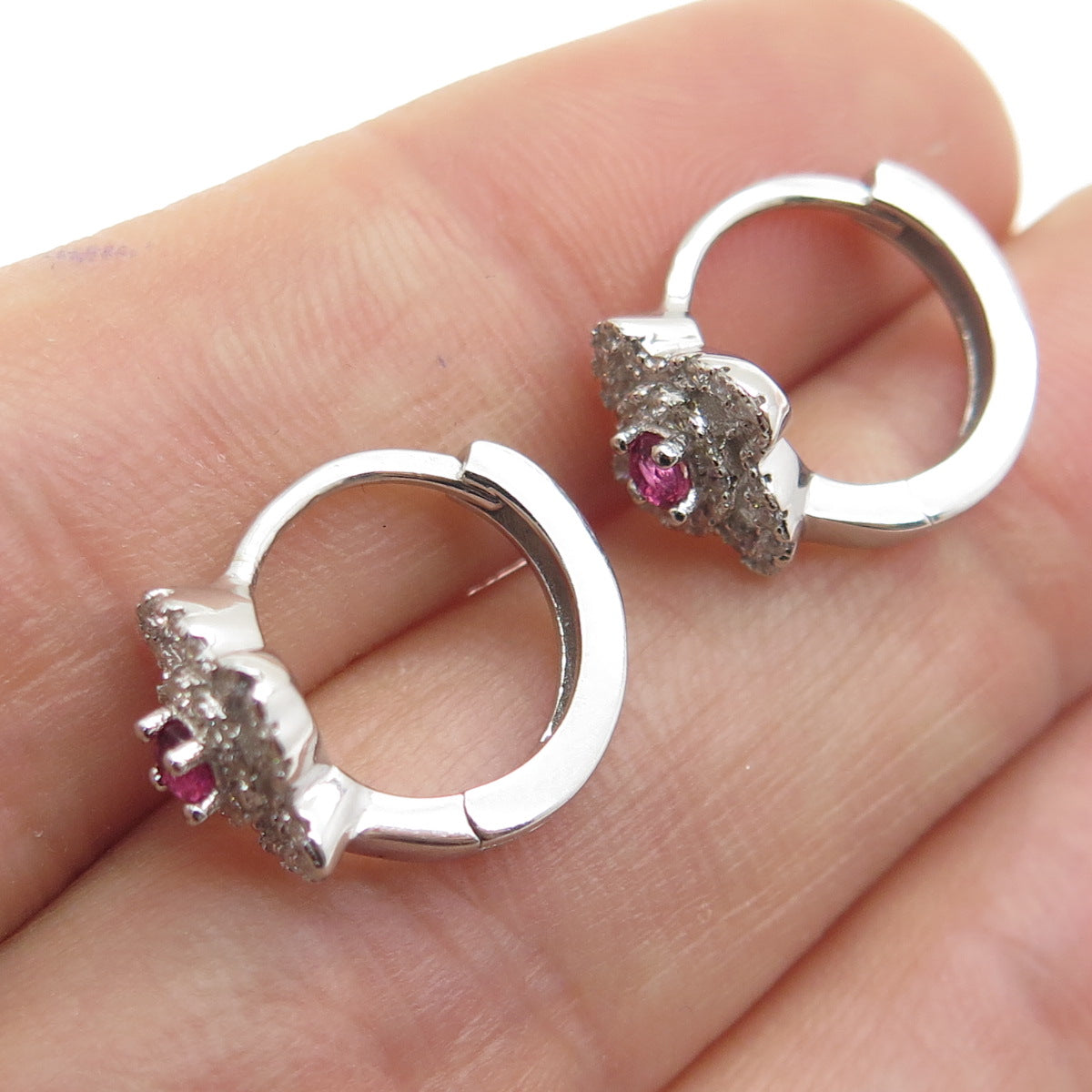 925 Sterling Silver Pink & White Round-Cut Shaped C Z Cross Hoop Earrings