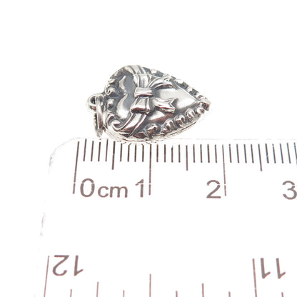 925 Sterling Silver Antique Art Deco Bow Heart Chatelaine Oxidized Charm Pendant
