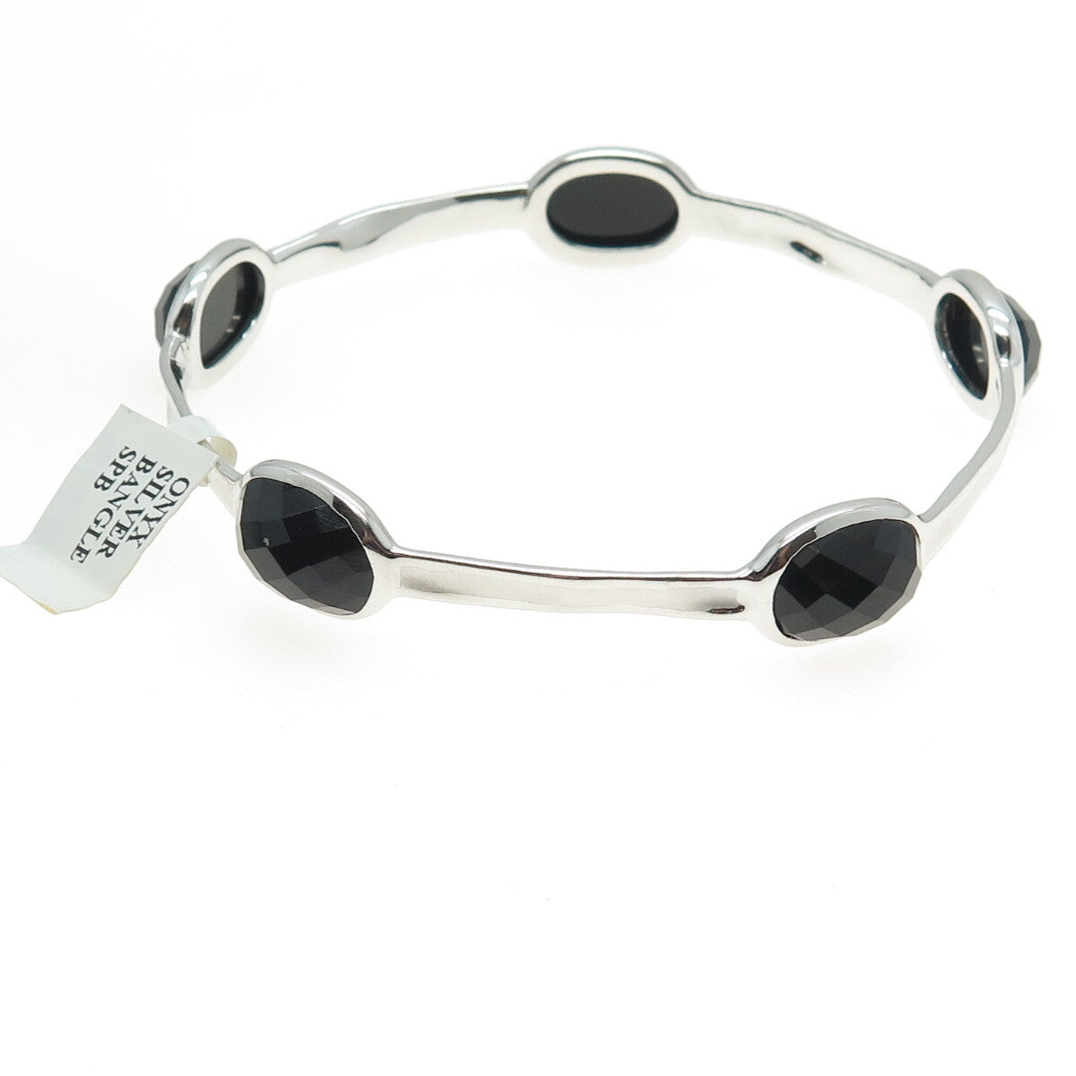CHARLES GARNIER Sterling Silver Real Black Onyx Station Bangle Bracelet 8.25"