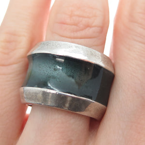 925 Sterling Silver Vintage Enamel Modernist Oxidized Ring Size 7.75