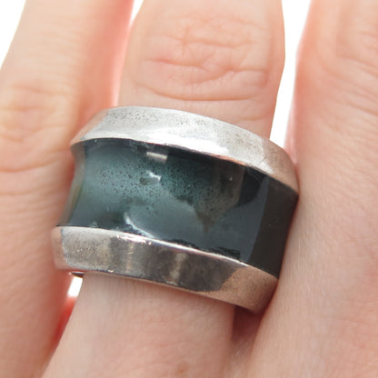 925 Sterling Silver Vintage Enamel Modernist Oxidized Ring Size 7.75