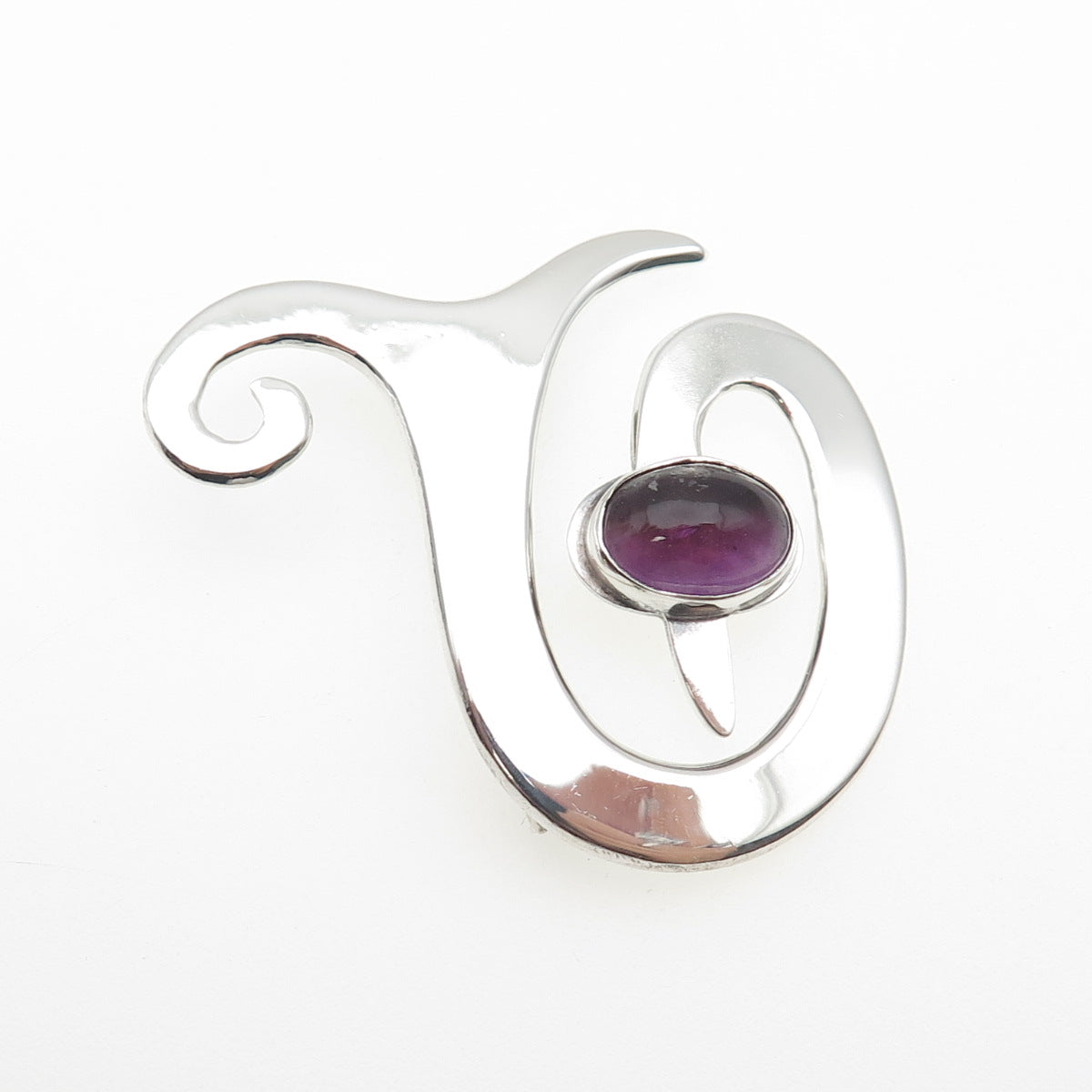 925 Sterling Silver Vintage Mexico Real Amethyst Modernist Spiral Pin Brooch