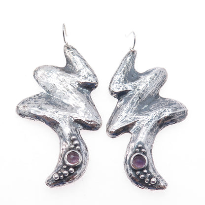 925 Sterling Silver Vintage Amethyst Modernist Zig Zag Oxidized Dangle Earrings