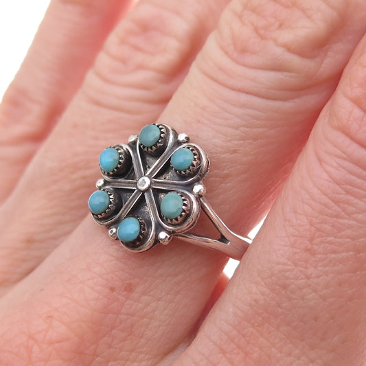 Old Pawn 925 Sterling Silver Vintage Turquoise Snake Eye Floral Ring Size 7.5
