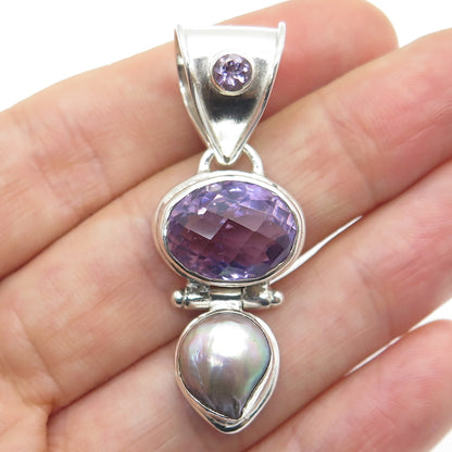 925 Sterling Silver Vintage Real Abalone Shell & Amethyst Gemstone Pendant