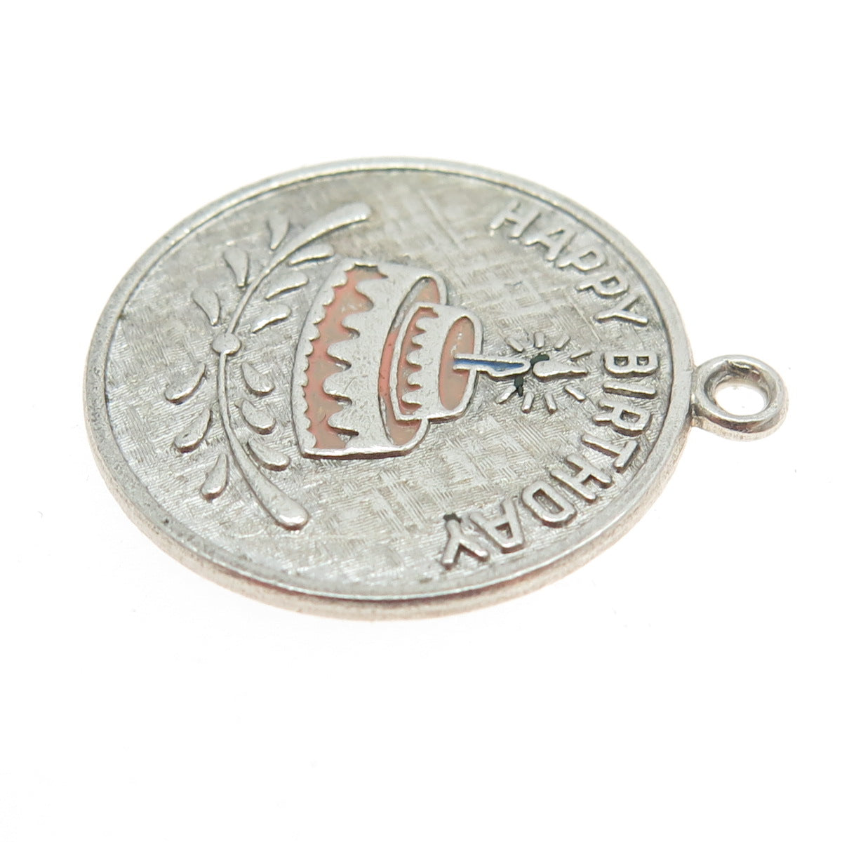 WELLS 925 Sterling Silver Vintage Enamel Engraved Happy Birthday Cake Pendant