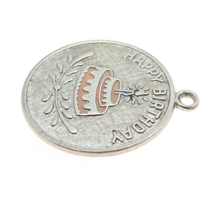 WELLS 925 Sterling Silver Vintage Enamel Engraved Happy Birthday Cake Pendant