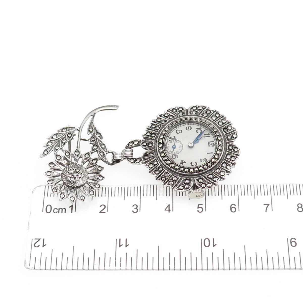 ROBOT CO 925 Sterling Antique Swiss Real Marcasite Flower 17 Jewels Watch Brooch