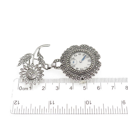 ROBOT CO 925 Sterling Antique Swiss Real Marcasite Flower 17 Jewels Watch Brooch