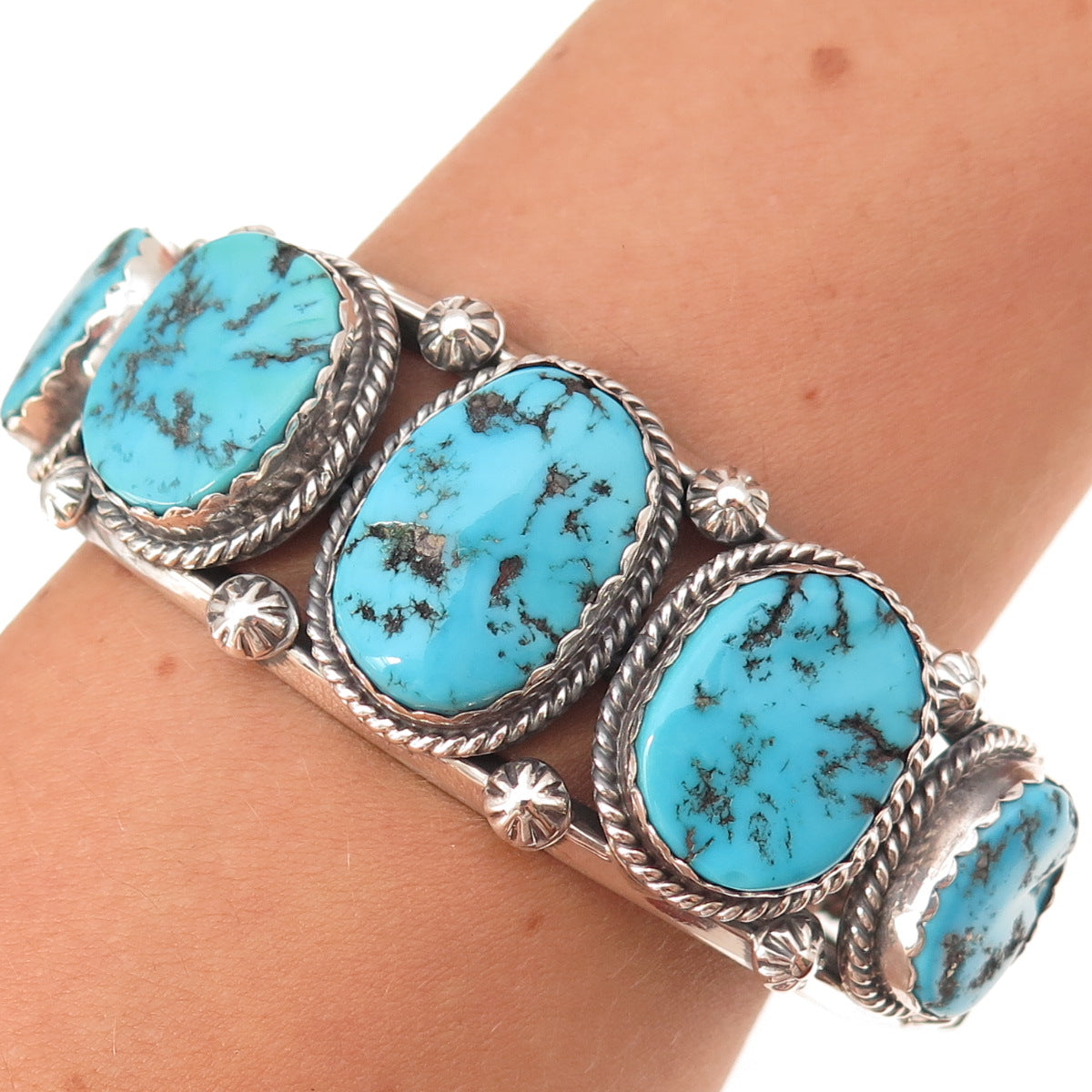 Calvin Spencer Navajo Old Pawn Sterling Vintage Turquoise Adjustable Bracelet 7"