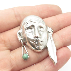 925 Sterling Silver Vintage Mexico Turquoise Tribal Indian Brave Face Pin Brooch