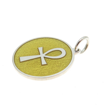 925 Sterling Silver Yellow Enamel Egyptian Ankh Round Minimalist Charm Pendant