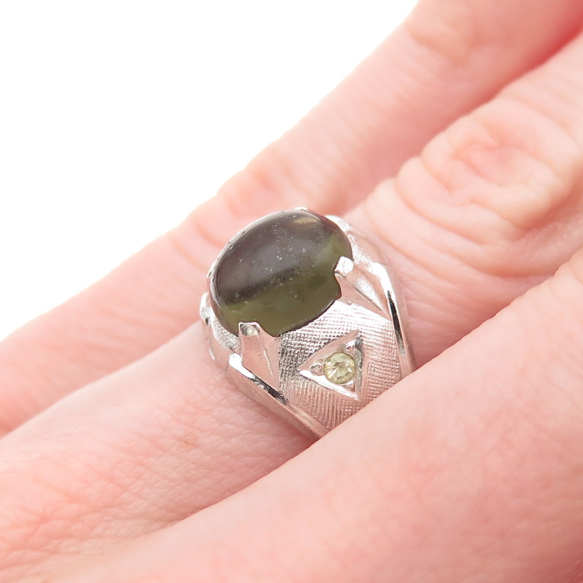 Vargas Sterling Silver Antique Art Deco Rhinestone & Green Glass Ring Size 5.75