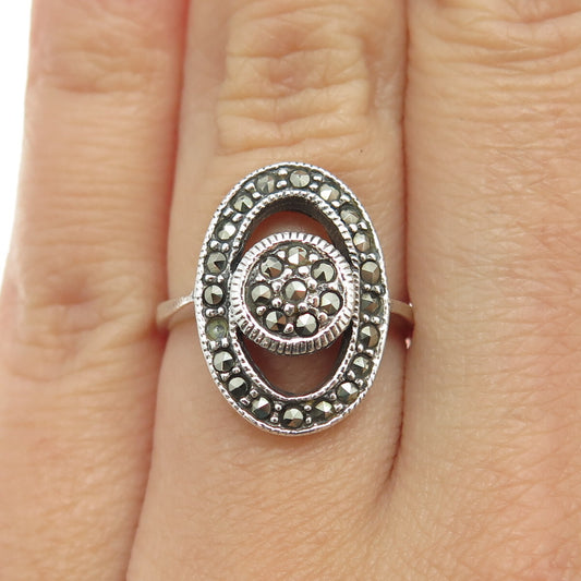 925 Sterling Silver Vintage Real Marcasite Oval Ring Size 6 (missing one stone)