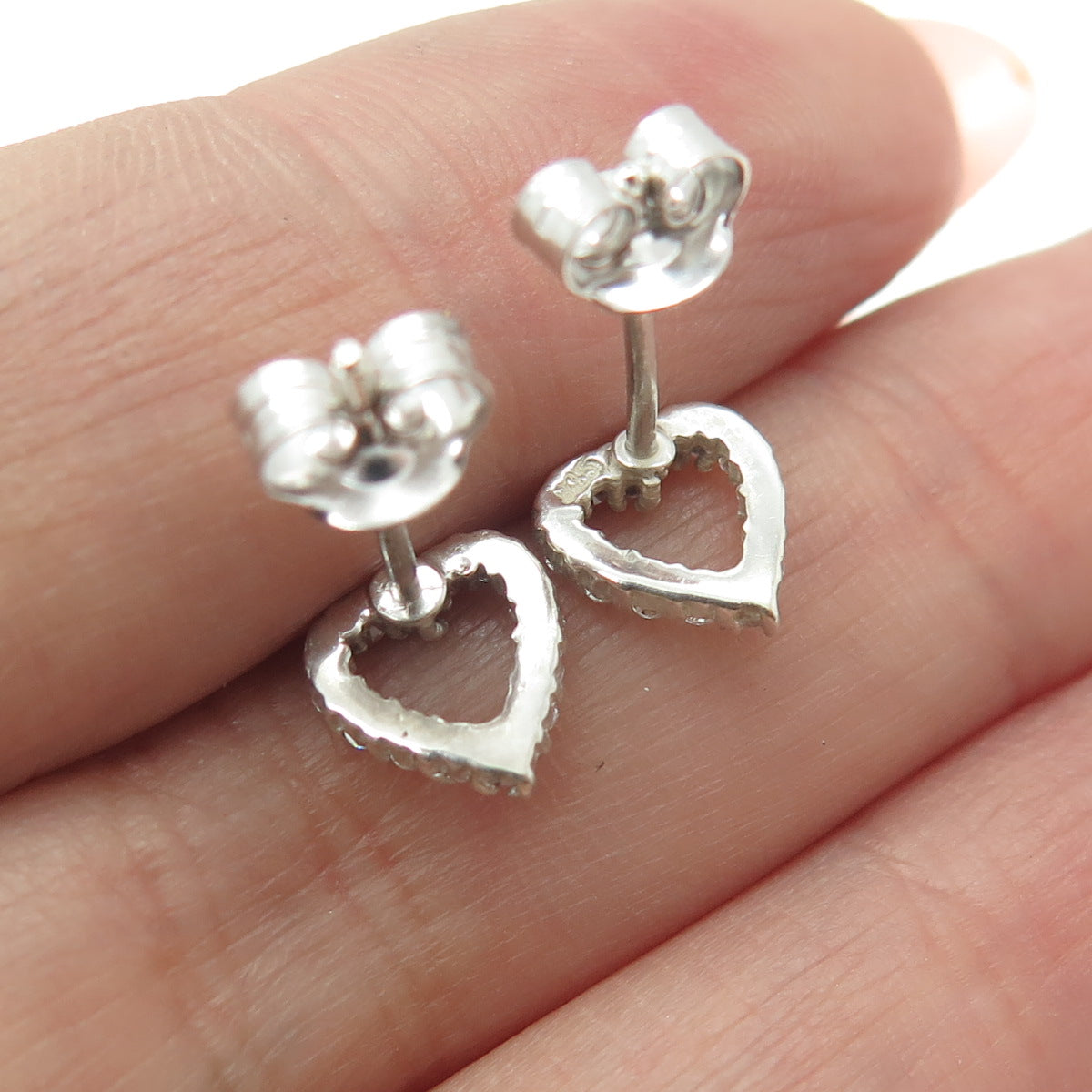 925 Sterling Silver Round-Cut Shaped C Z Open Heart Stud Earrings