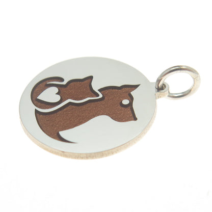 925 Sterling Silver Brown Enamel Cat & Dog Friendship Round Minimalist Pendant