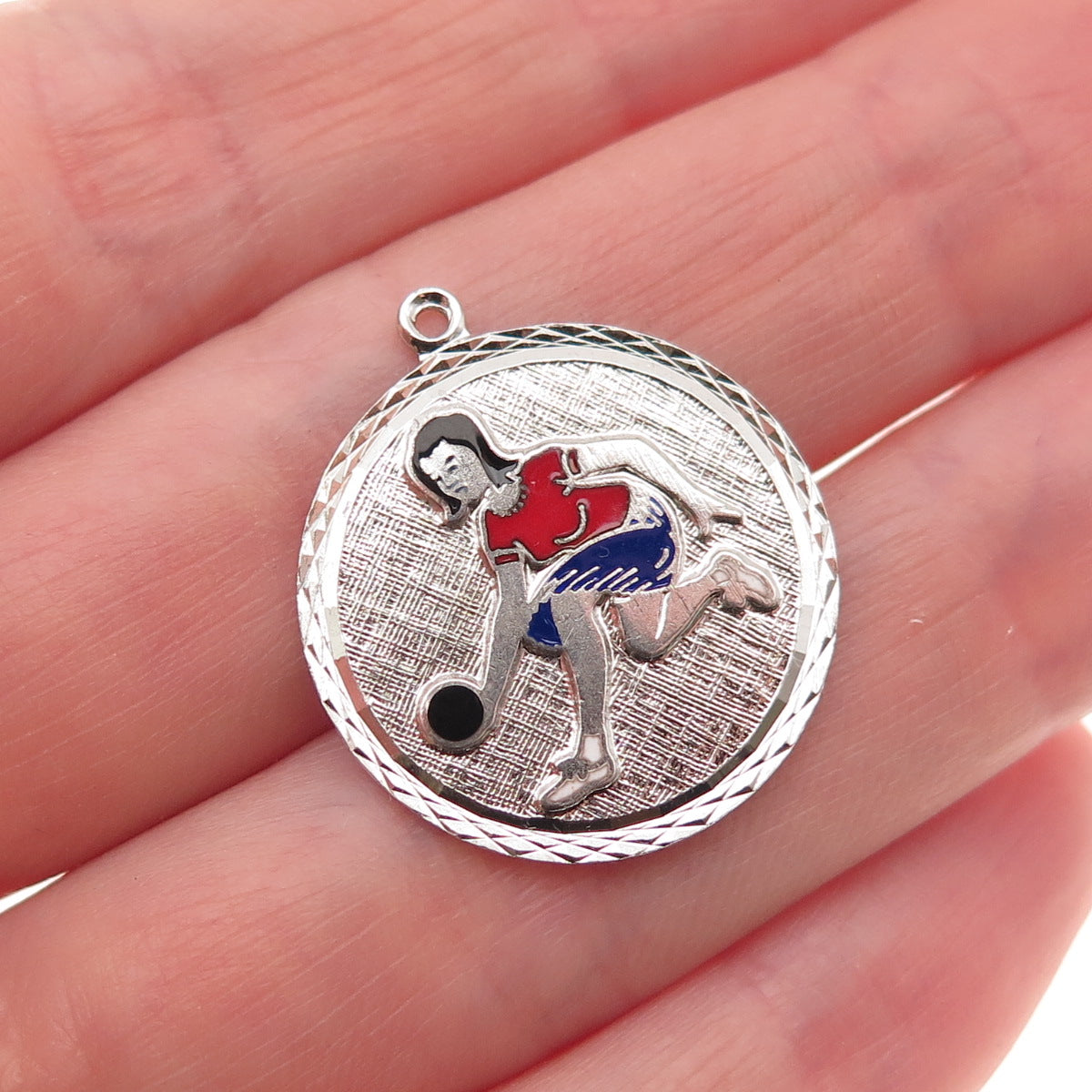 Griffith & Co. 925 Sterling Silver Vintage Enamel Female Bowling Player Pendant