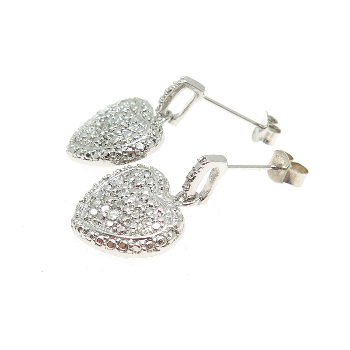 925 Sterling Silver Real Round-Cut Diamond Dangle Heart Earrings