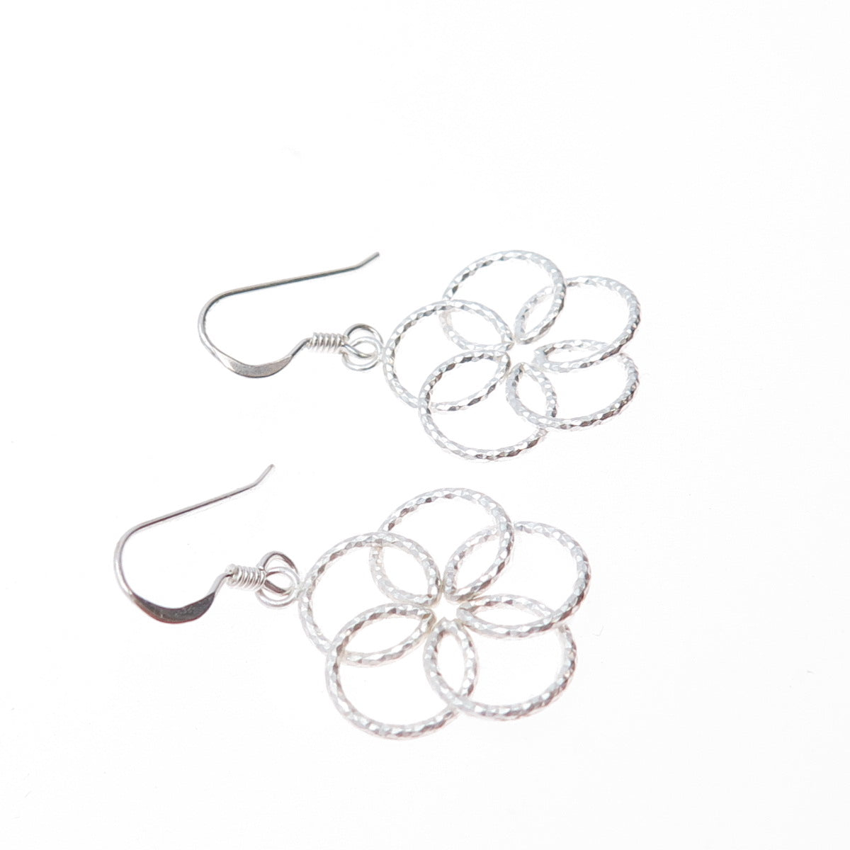 925 Sterling Silver Vintage Interlocked Circle Flower Dangle Earrings