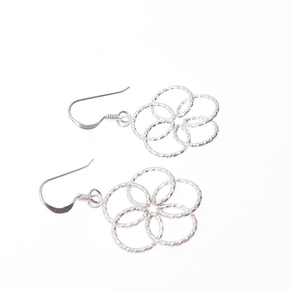 925 Sterling Silver Vintage Interlocked Circle Flower Dangle Earrings