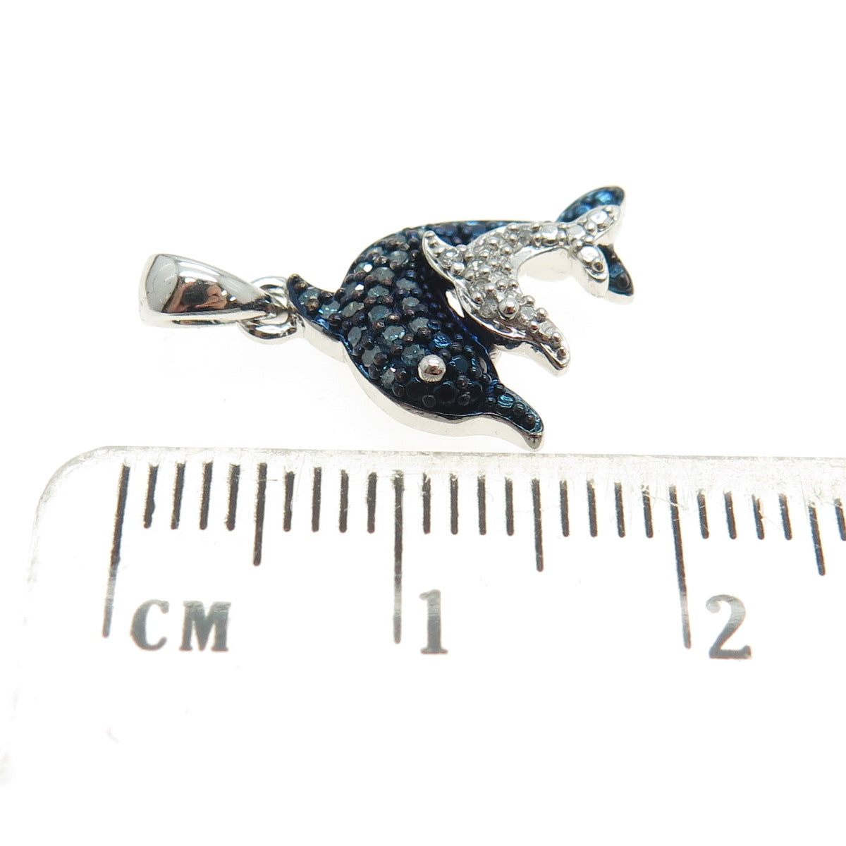 SUN Sterling Silver Real Round-Cut Blue White Diamond Dolphin Minimalist Pendant