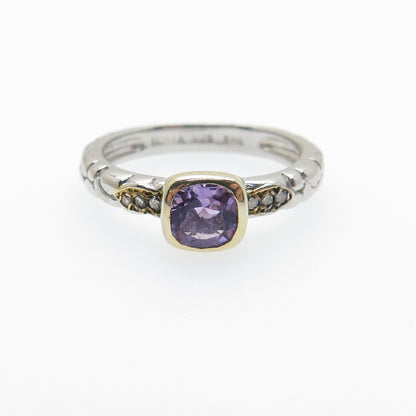 925 Sterling Silver 2-Tone Real Diamond & Amethyst Ring Size 6.75
