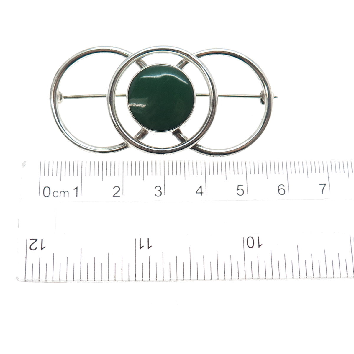 925 Sterling Silver Vintage Mexico Real Green Onyx Interlocked Circle Pin Brooch