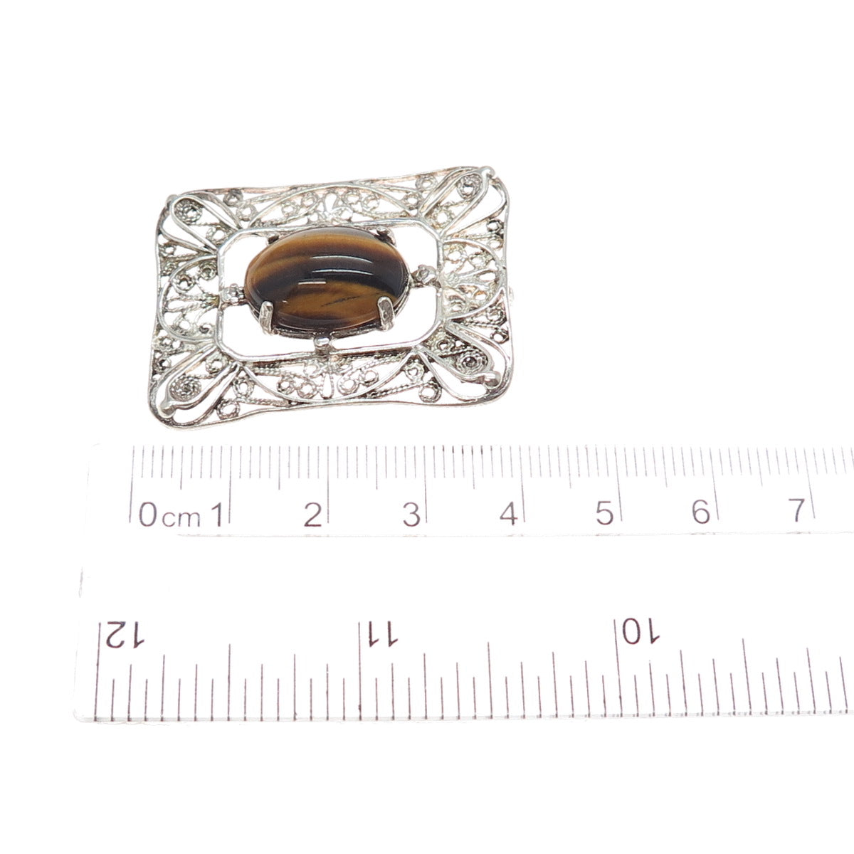 925 Sterling Silver Vintage Real Tiger Eye Floral Filigree Slide Pendant