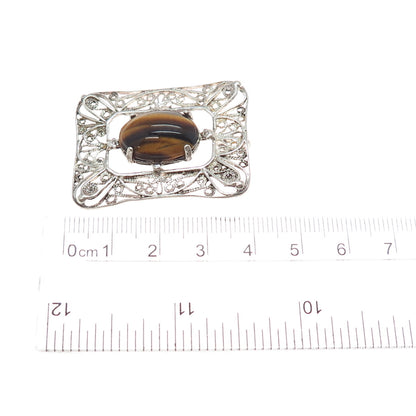925 Sterling Silver Vintage Real Tiger Eye Floral Filigree Slide Pendant