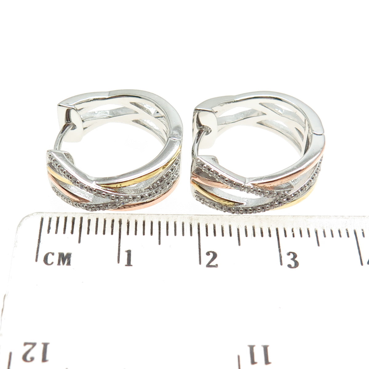 HAN 925 Sterling Silver 3-Tone Round-Cut C Z Crisscross Hoop Earrings