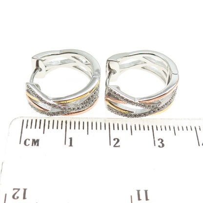 HAN 925 Sterling Silver 3-Tone Round-Cut C Z Crisscross Hoop Earrings