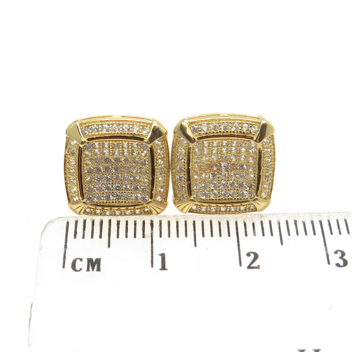 925 Sterling Silver Gold Plated Pave C Z Stud Earrings