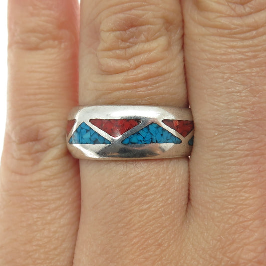 Old Pawn 925 Sterling Silver Vintage Turquoise & Coral Inlay Band Ring Size 7.5