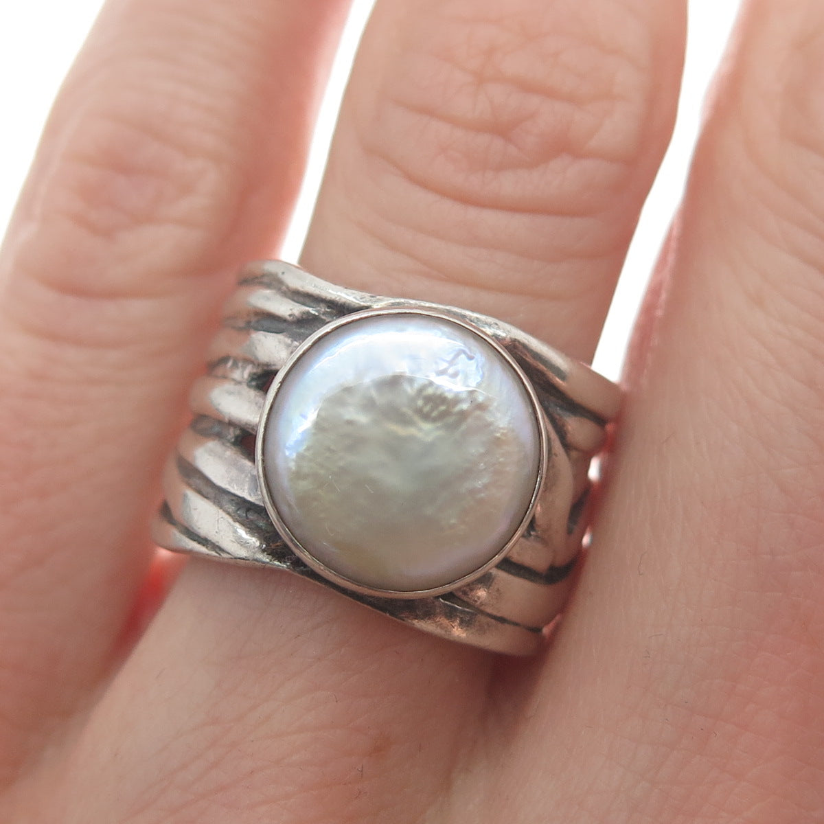 SILPADA 925 Sterling Silver Vintage Real Pearl Modernist Oxidized Ring Size 7.25