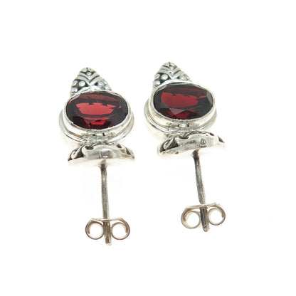 925 Sterling Silver Vintage Real Red Garnet Swirl Heart Earrings